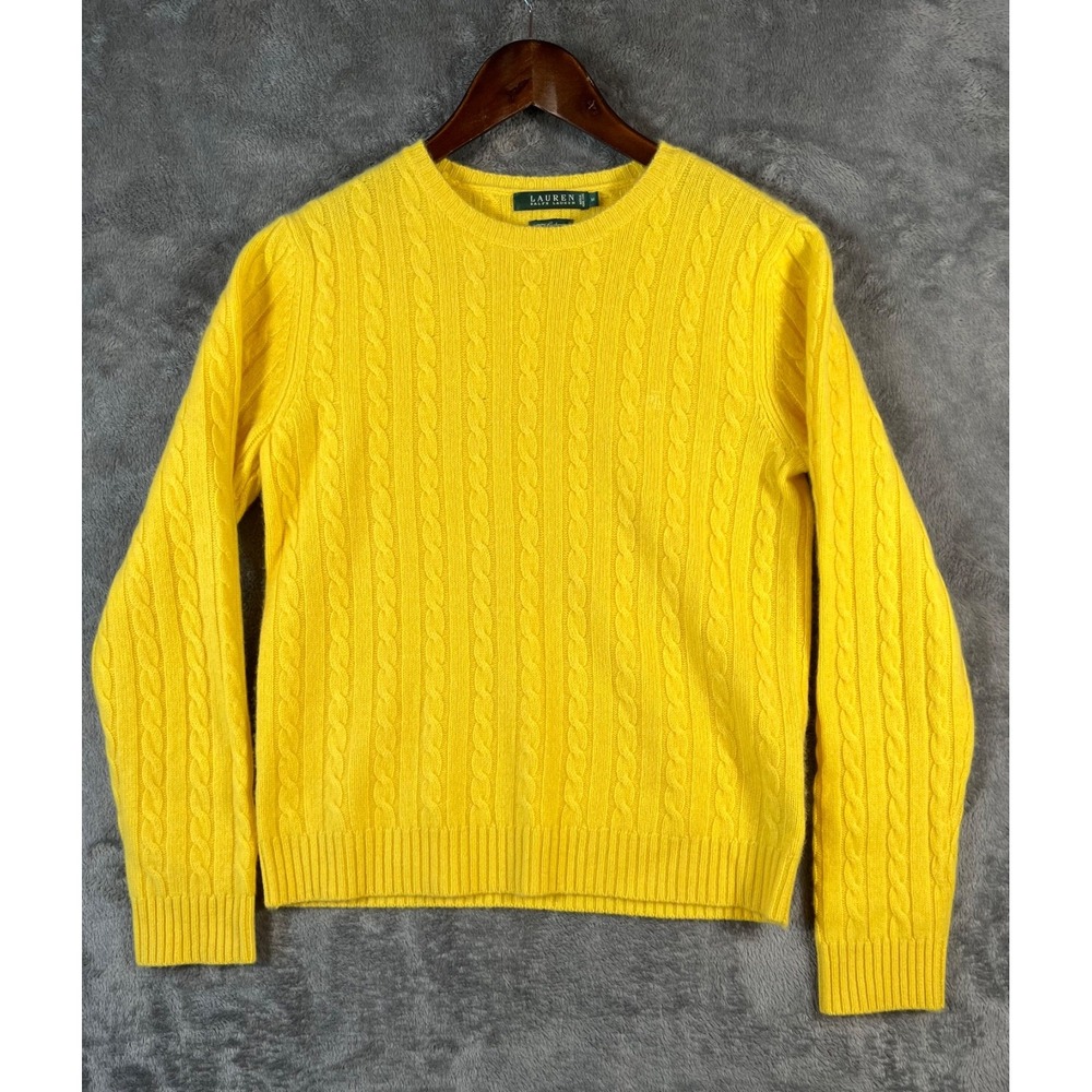 Lauren Ralph Lauren 100% Cashmere Sweater Womens Medium Yellow Crewneck Vintage
